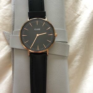 CLUSE rose gold & black leather watch